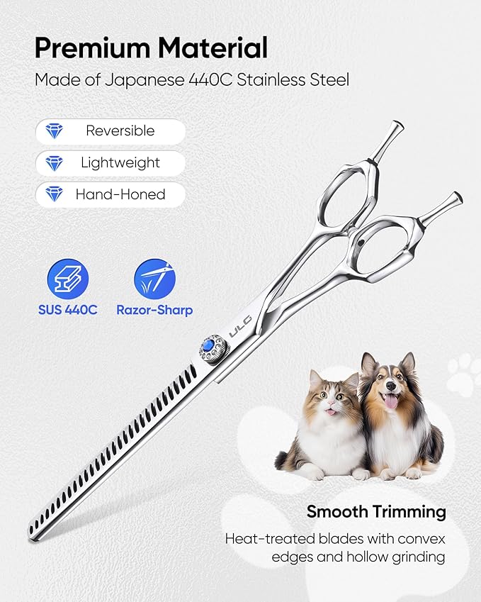 ULG Professional Dog Grooming Scissors 7.5” Straight Chunker Shear 65%-75% Thinning Rate 440C Japanese Stainless Steel Tension Adjustable Left & Right Handed Pet Grooming Shears