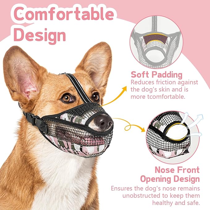 Dog Muzzle for Large Medium Small Dogs, Soft Mesh Muzzle for Dogs with Reflective Adjustable Strap, Prevent Biting Chewing and Licking, Dog Nose Open Design for Reduction Friction (Pink, M)