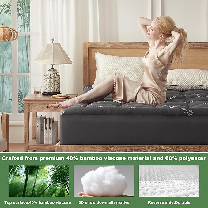 BEDLORE California King Mattress Topper Viscose Derived from Bamboo, Thick Pillow Top Mattress Pad with Stretchable Pockets for 6"-18" Mattress, Soft Mattress Topper for Back Pain Relief(Dark Gray)