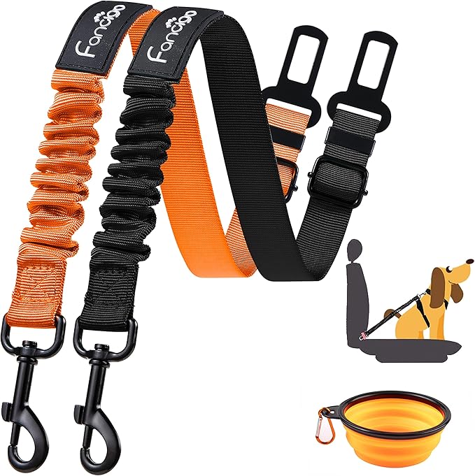 Dog Seat Belt for Car. 2 Pack Adjustable Dog Safety Seatbelt. Adjustable Strap, Strong Nylon Fabric, Bungee Buffer Dog Puppy Car Seat Belt. (Black+Orange)