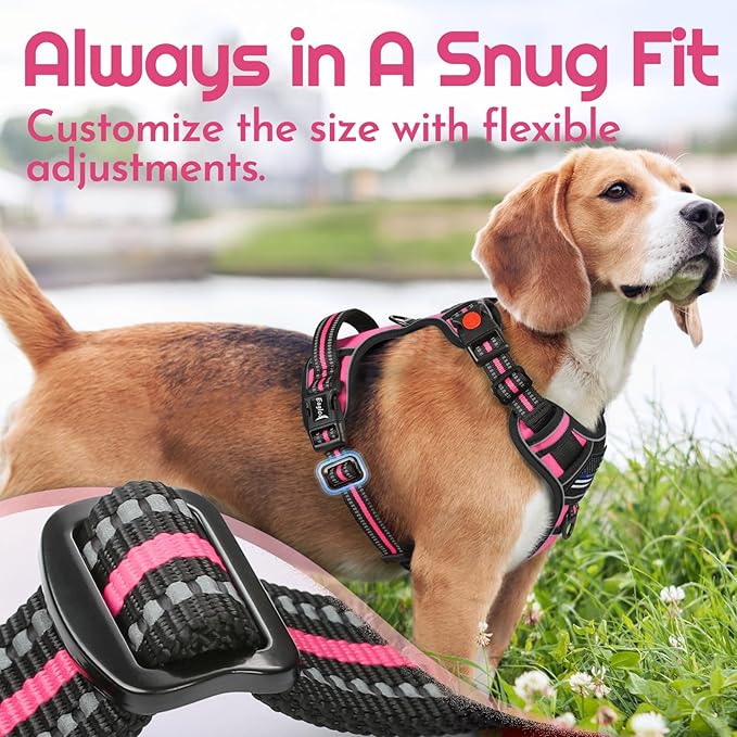 Eagloo Dog Harness Medium Sized, Easy Wearing with 3 Buckles, Adjustable No Pull Pet Harness with 2 Rings for Walking, No Chock Reflective Soft Padded Vest with Control Handle, Pink & Black, M