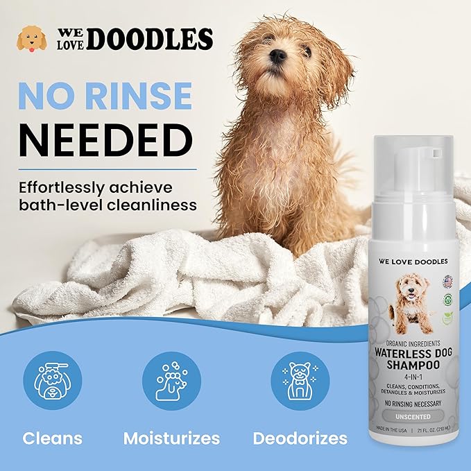 Waterless Dog Shampoo - Cleans & Moisturizes Coat, No Rinse Dog Shampoo, Safe Foam Formula & Pet-Friendly Dog Deodorizing Spray, 5.2 oz (Unscented) [We Love Doodles]