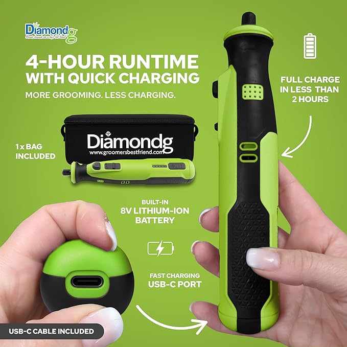 Rotary Tool for Dog Nail Grinding, Cordless, 8V Lithium Ion Battery, Lighted Tip, 4 Hour Run Time (Green)