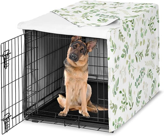 Sweet Jojo Designs Green Boho Floral Leaf Dog Crate Cover – Kennel Covers for 48 Inch Pet Cage Large - Neutral Sage White Bohemian Watercolor Botanical Flower Woodland Tropical Garden Nature