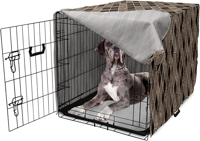 Lunarable Contemporary Brown Dog Crate Cover, Rhomb Check Pattern with Animal Skins, Easy to Use Pet Kennel Cover for Medium Large Dogs, 48 Inch, Umber Dark Brown