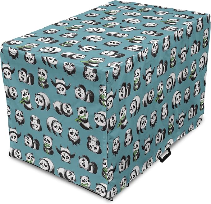 Lunarable Panda Dog Crate Cover, Cartoon Style Pandas Eating Branches Bear Poses in Sleeping and Rolling, Easy to Use Pet Kennel Cover for Medium Large Dogs, 48 Inch, Petrol Blue and Black