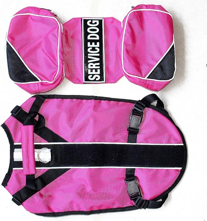 Service Dog Harness, Saddle Bag Backpack Carrier Outdoor Travel Hiking Camping Harness, Removable Saddle Bags and Patches (Hot Pink, L Girth 26-31")