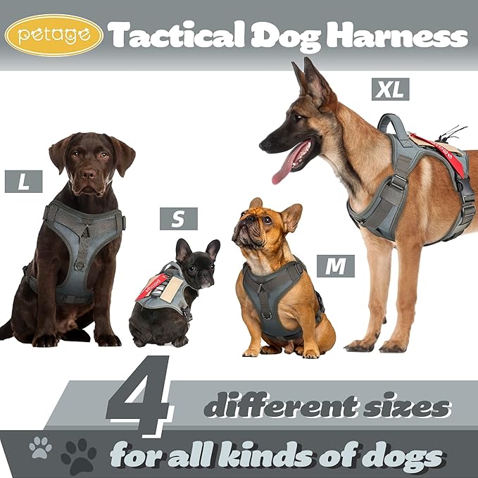 PETAGE Tactical Dog Harness for Small Medium Large Dogs No Pull Adjustable Soft Padded Dog Vest Reflective No-Choke Pet Oxford Vest with Easy Control Pet Vest Military Service Dog Harnesses(Grey XL)