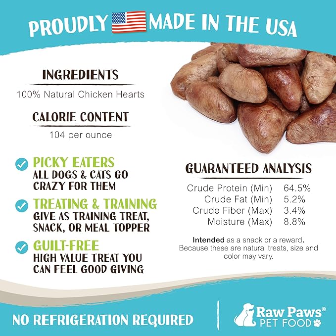 Raw Paws Freeze Dried Chicken Hearts for Dogs, 4-oz, Whole - Made in USA - Freeze Dried Hearts for Dogs - Single Ingredient Freeze Dried Chicken Dog Treats - Freeze Dried Chicken for Dogs