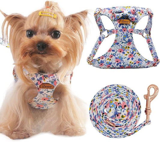 No Pull Small Dog Harness and Leash Set, Soft Adjustable Floral Puppy Dog Harness Vest for Extra Small-Medium Pet Dogs and Cat, Blue Flower, Medium