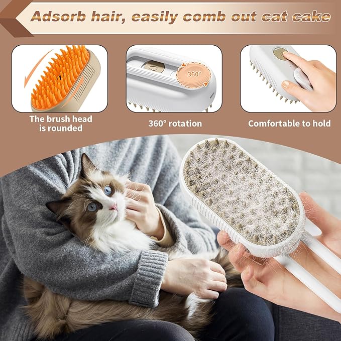 Steam Brush for Cats & Pets - 3 In 1 Steamer for Grooming, Deshedding, and Taming Animal Fur (Brown)