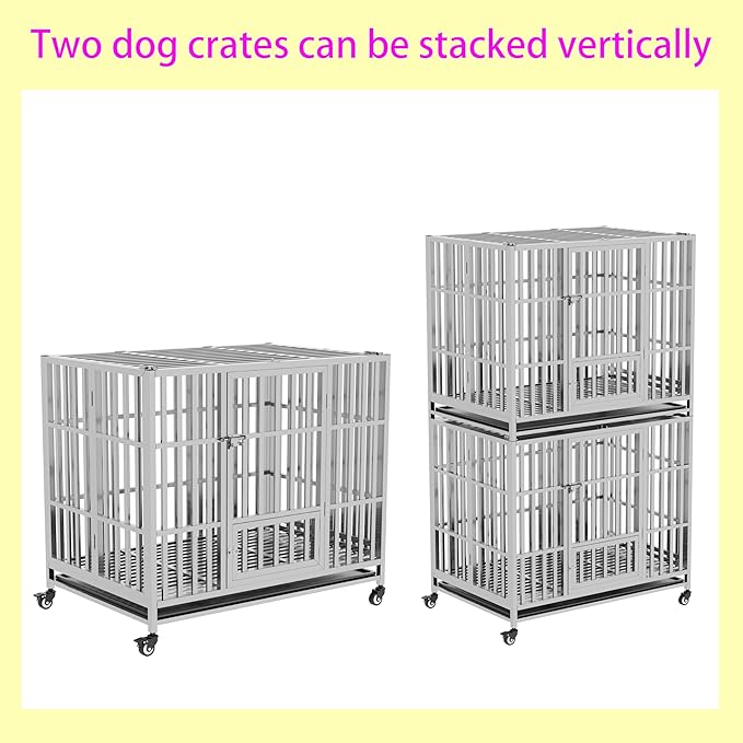 37" 42" 48" Heavy Duty Dog cage Stainless Steel Metal Kennel and Crate, Collapsible for Medium to Large Dogs, Easy to Assemble pet Pen with Four Lockable Wheels, Black Tray (48in-sm)