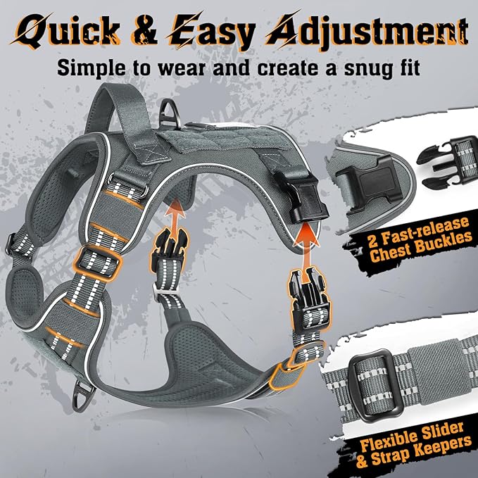 rabbitgoo Dog Harness Medium Sized No Pull, Tactical Service Dog Vest with Molle and Control Handle, Adjustable and Reflective Military Pet Harness for Easy Walking and Training, Grey, M