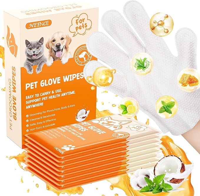 NEENCE Extra Thick Pet Glove Wipes for Dogs & Cats, Dog Washing Gloves Cleaning Deodorizing for Paws,Butt and Body, Cat Bathing Gloves Wipes Suitable for Daily Care and Travelling