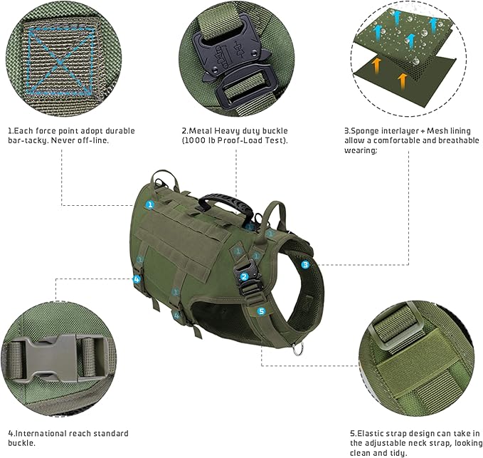 PET ARTIST Tactical Dog Harness for Hiking Training, No Pull Vest Harness for Medium Large Dogs, with Pouches and Patches Green, XL