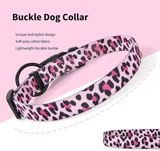 Mile High Life Dog Collar | Nylon Puppy Collars w Cute Patterns | Lightweight Girl Dog Collar | Boy Dog Collar for Small/Medium/Large Dogs (Pink Leopard, Small)