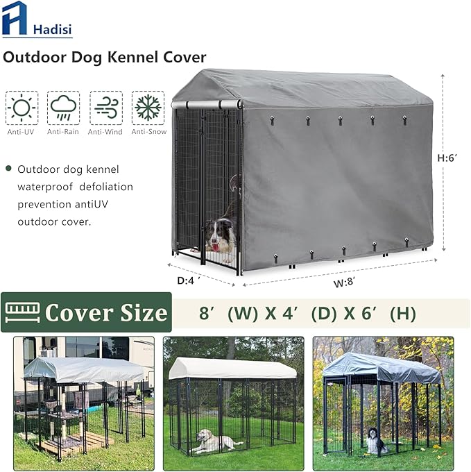 Outdoor Dog Kennel Cover Full Coverage Windproof Anti-UV 8'Dx4'Wx6'H.Waterproof Dog Kennel Cover for Multiple Brands of Dog Kennels,Cover Only,Grey.(Patent Pending)