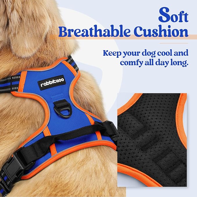 rabbitgoo Dog Harness, No-Pull Pet Harness with 2 Leash Clips, Adjustable Soft Padded Dog Vest, Reflective No-Choke Pet Oxford Vest with Easy Control Handle for Large Dogs, Blue & Orange, S