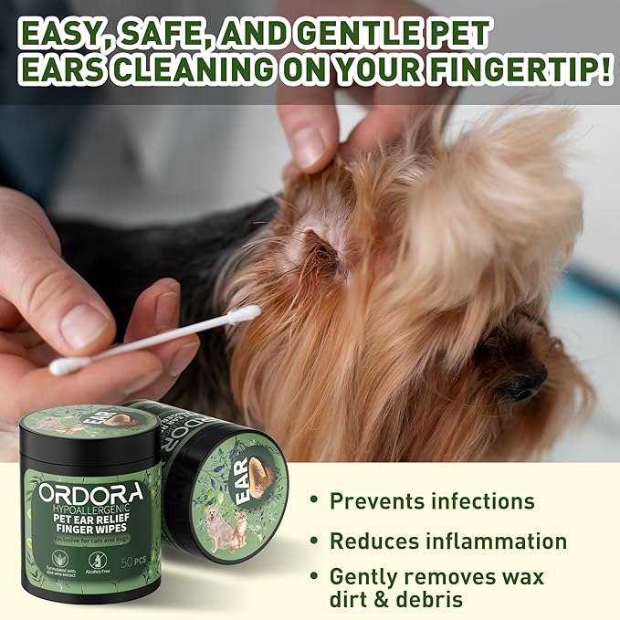 ORDORA PET Ear Finger Wipes for Dogs & Cats -50 Pcs - Gently Remove Ear Wax, Debris - Sooths & Deodorizes - Relieve Ear Itching & Inflammation