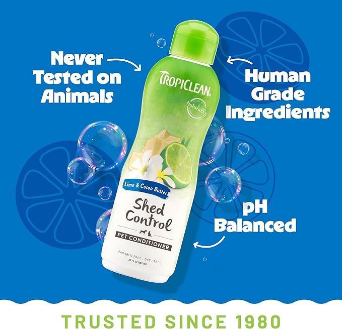 TropiClean Deshedding Dog Conditioner, Reduces Shedding & Softens Coat, Puppy Safe, Made in the USA, Lime & Cocoa Butter Scent, 20oz.
