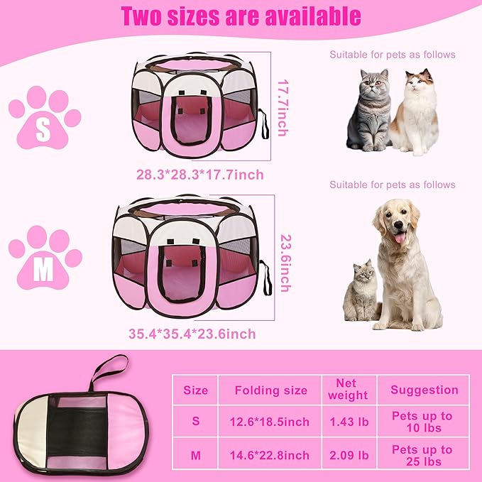 Portable Dog Playpen, Pet Play Pen for Indoor Outdoor Cat, Adult Kitten/Puppy Exercise Playpen Tent Birthing Box, Waterproof Travel Dog Camping Cage for Medium Large Dog Animal House (Pink)