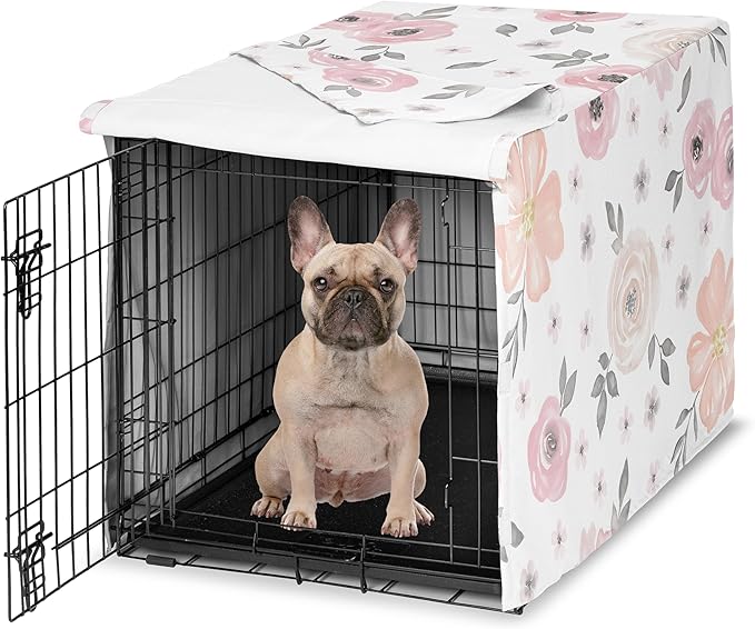 Sweet Jojo Designs Blush Pink Grey Boho Floral Dog Crate Cover – Kennel Covers for 30 Inch Pet Cage Small/Medium - Bohemian Farmhouse Shabby Chic Rose Lily Watercolor Flower Elegant Gray and White