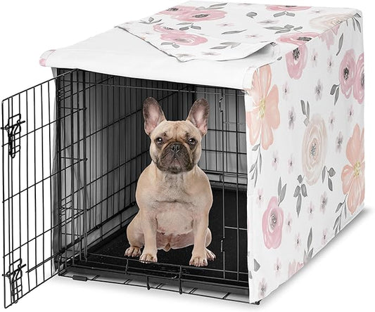 Sweet Jojo Designs Blush Pink Grey Boho Floral Dog Crate Cover – Kennel Covers for 30 Inch Pet Cage Small/Medium - Bohemian Farmhouse Shabby Chic Rose Lily Watercolor Flower Elegant Gray and White