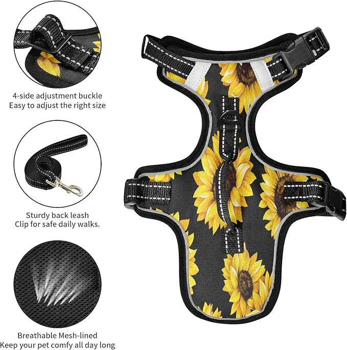 Beautiful Sunflower Flowers Floral Black Dog/Cat Harness,Adjustable Soft Padded Pet Vest Harness-Reflective No-Choke Pet Harness Easy Control Front Clip for Dog/Cats