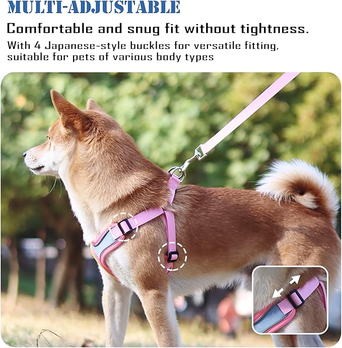 No Pull Dog Harness with Leash Set All Weather Soft Padded Mesh Reflective X Shape Adjustable Step in Vest Harness for Small and Medium Dogs Big Cat M Pink