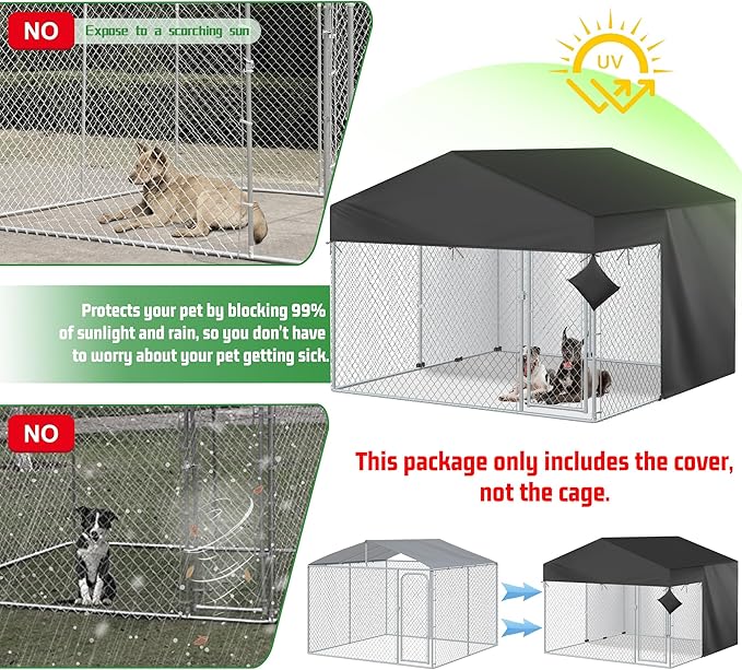 Outdoor Dog Kennel Cover Half Coverage for 10x10FT 600D Heavy Duty Waterproof Kennel Covers for Dog Cages(Cover Only) Black