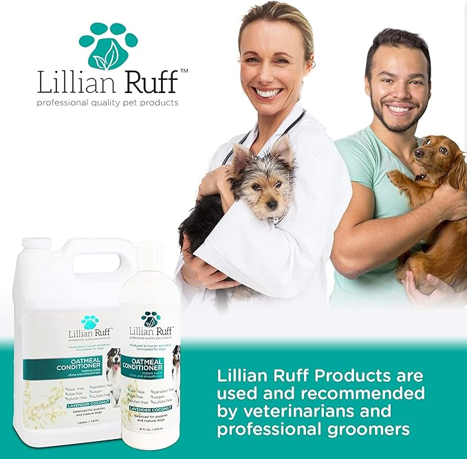 Lillian Ruff Calming Oatmeal Pet Conditioner for Dry Skin & Itch Relief with Aloe & Hydrating Essential Oils - Replenish Moisture & Deodorize - Dog Conditioner for Normal/Sensitive Skin (16oz & Brush)
