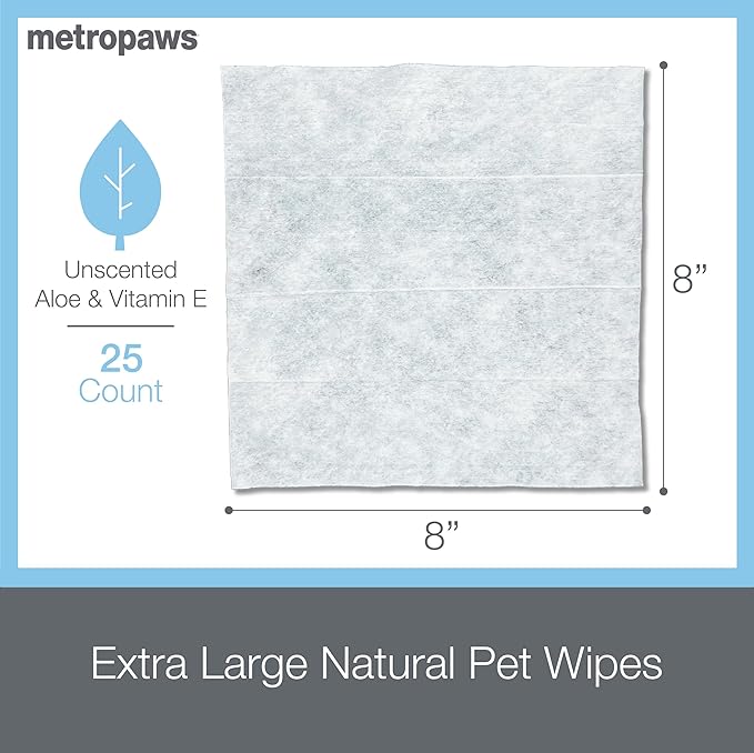 Metro Paws Unscented Dog Wipes, 25 Extra Large & Thick Cleaning Wipes Ideal for Cats and Dogs, for Paws, Butt, Ears and Eyes