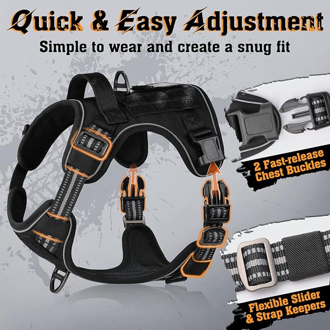 rabbitgoo Dog Harness Medium Sized No Pull, Tactical Service Dog Vest with Molle and Control Handle, Adjustable and Reflective Military Pet Harness for Easy Walking and Training, Black, M