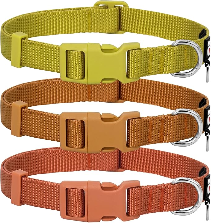 azuza 3 Pack Fall Dog Collars Comfortable and Adjustable Nylon Dog Collars for Medium Dogs, M (14-20inch)， Ginger Yellow, Rust Orange and Latte Brown