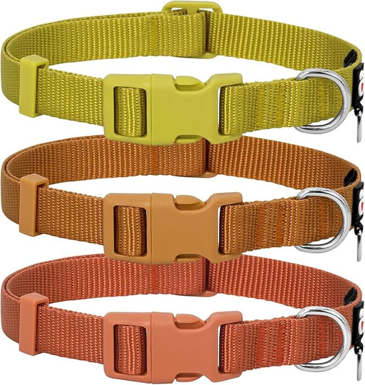 azuza 3 Pack Fall Dog Collars Comfortable and Adjustable Nylon Dog Collars for Small Dogs, S (11-16inch)， Ginger Yellow, Rust Orange and Latte Brown