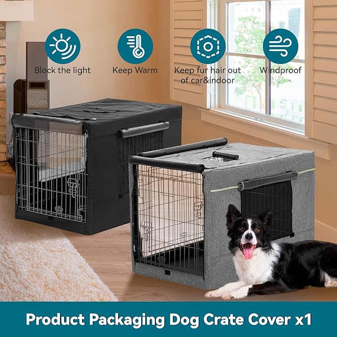 PETSFIT Dog Kennel Cover for Wire Dog Crate(30in/36inch/42inch), Single Door, Mesh Window, Flap On The Top and Back is Detachable, Dog Crate Cover Black 36inch