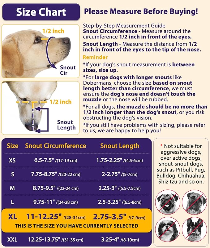 LUCKYPAW Dog Muzzle, Mesh Muzzle for Large Medium Small Dogs with Front Opening Design, Dog Mouth Cover to Prevent Biting, Licking, Chewing, Scavenging, Breathable Pet Muzzle Allows Drinking(Black,XL)