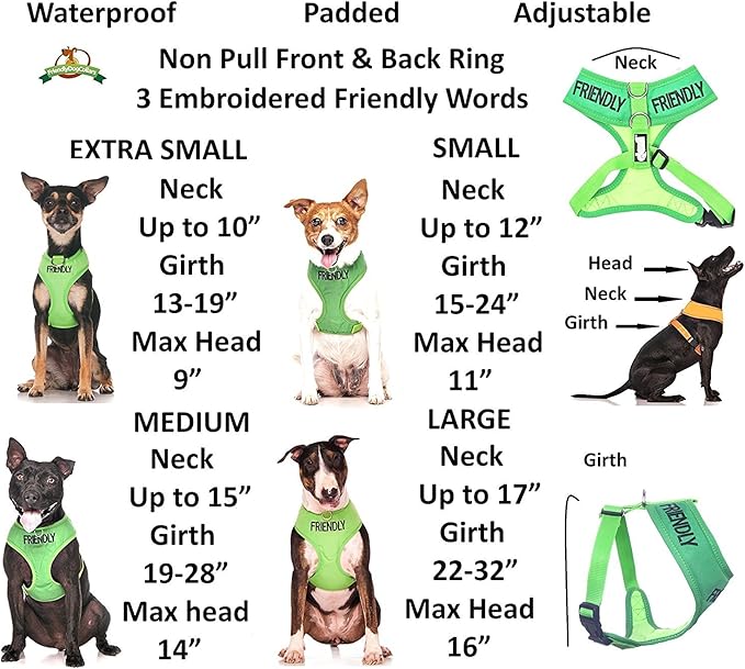 FRIENDLY (Known as Friendly to all) Green Colour Coded Non-Pull Front and Back D Ring Padded and Waterproof Vest Dog Harness PREVENTS Accidents By Warning Others Of Your Dog In Advance (M)
