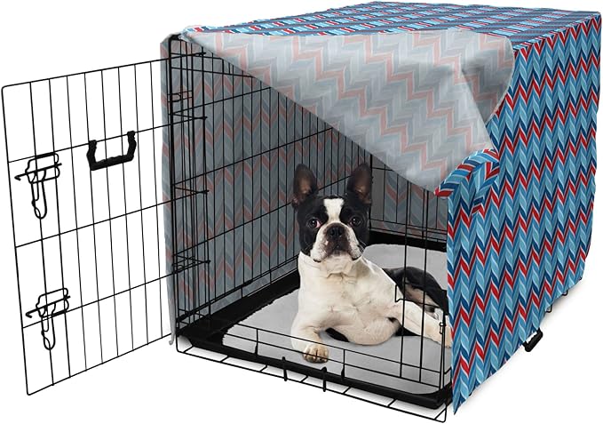 Lunarable Chevron Dog Crate Cover, Abstract Dimension Effects Featured Wavy Zigzag Leaf Curve Contrast Image, Easy to Use Pet Kennel Cover for Small Dogs Puppies Kittens, 22 Inch, Violet Blue Red Aqua