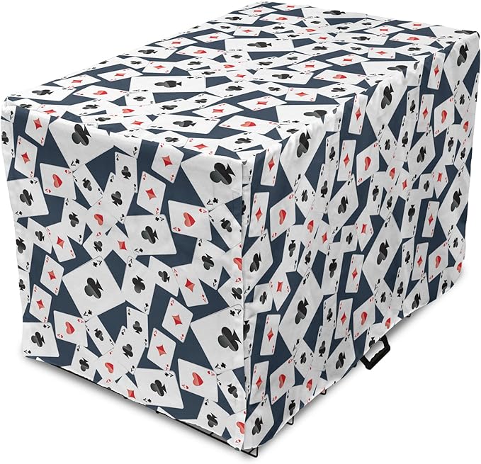 Lunarable Casino Dog Crate Cover, Realistic Style Random Scattered Playing Cards Leisure Time Hobby Games, Easy to Use Pet Kennel Cover for Small Dogs Puppies Kittens, 22 Inch, Cadet Blue Black Red