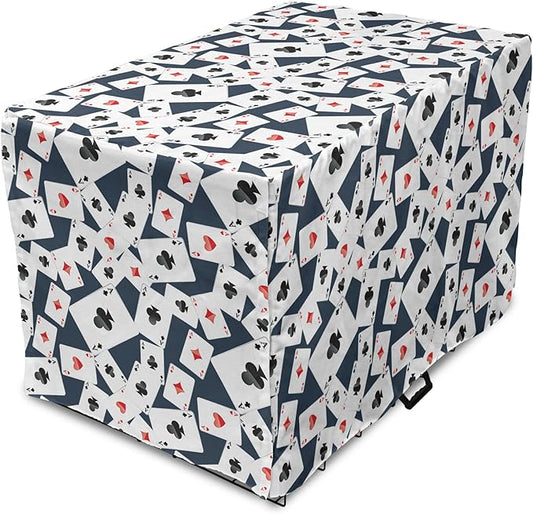 Lunarable Casino Dog Crate Cover, Realistic Style Random Scattered Playing Cards Leisure Time Hobby Games, Easy to Use Pet Kennel Cover for Small Dogs Puppies Kittens, 22 Inch, Cadet Blue Black Red