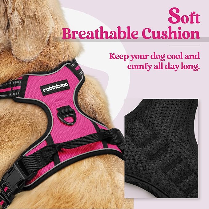 rabbitgoo Dog Harness, No-Pull Pet Harness with 2 Leash Clips, Adjustable Soft Padded Dog Vest, Reflective No-Choke Pet Oxford Vest with Easy Control Handle for Medium Dogs, Hot Pink, M