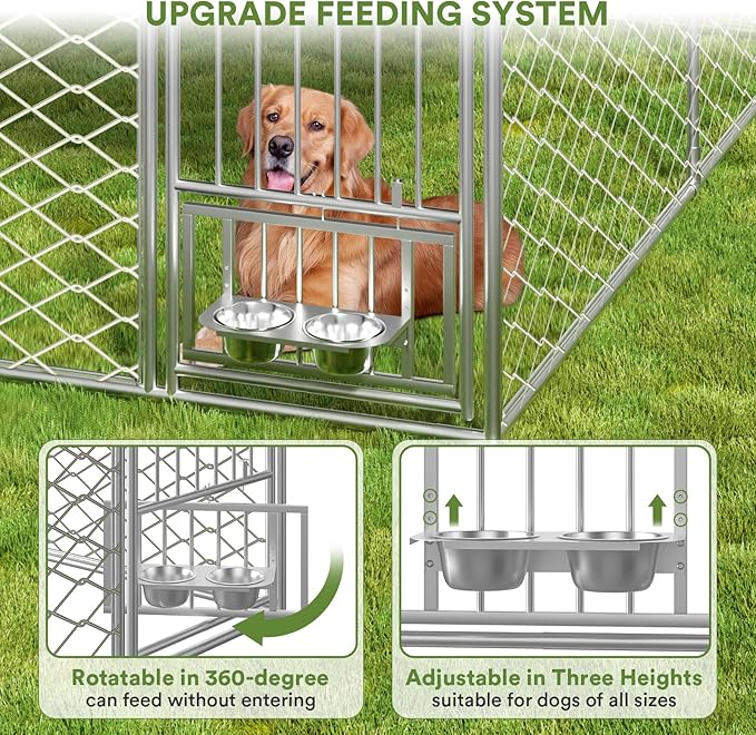 10x10 ft Dog Kennel Outdoor - Outside Dog Kennel with Roof, Heavy Duty Large Outdoor Dog Kennel, Covered Dog Outdoor Kennel with Rotating Feeder Bowls