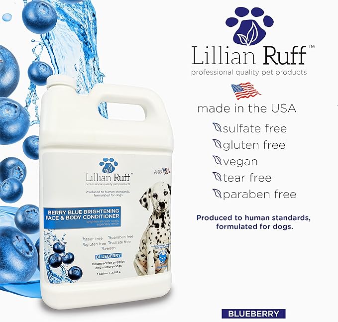 Lillian Ruff Berry Blue Brightening Face & Body Conditioner for Dogs & Cats - Tear Free Blueberry Conditioner - Remove Tear Stains, Hydrate Dry Skin, Add Shine & Luster to Coats - Made in USA (Gallon)