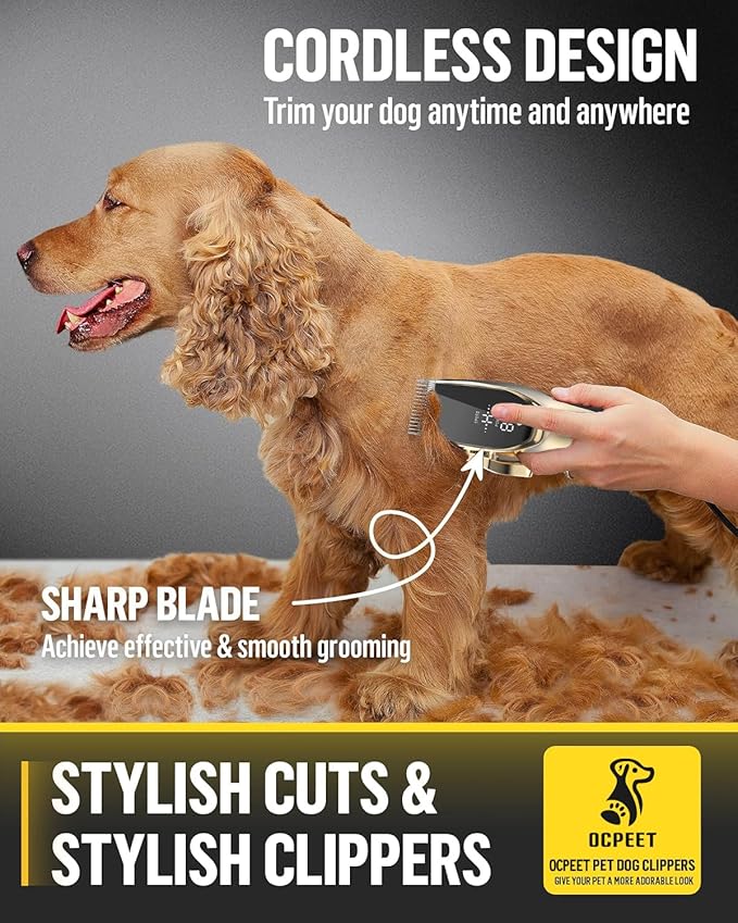 Dog Grooming Kit Low Noise，Cordless 4 in 1 Dog Clippers for Grooming Rechargeable Pet Cat Trimmer with 2 Speed,6 Guards,Scissors,Comb for Small Medium Large Pets Dogs Cats Thick Hair Cutting(Gold)