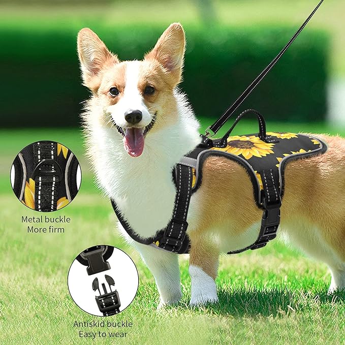 Beautiful Sunflower Flowers Floral Black Dog/Cat Harness,Adjustable Soft Padded Pet Vest Harness-Reflective No-Choke Pet Harness Easy Control Front Clip for Dog/Cats