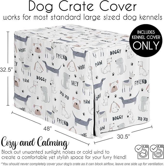 Sweet Jojo Designs 48in. Large Dog Crate Cover (Cartoon Puppy Print) Pet Cage, Kennel Covers (Neutral, Modern, Bulldog, Wiener Doggy, Paws, Whimsical, Playful, Woof, Dachshund, Blue, Taupe, Grey)