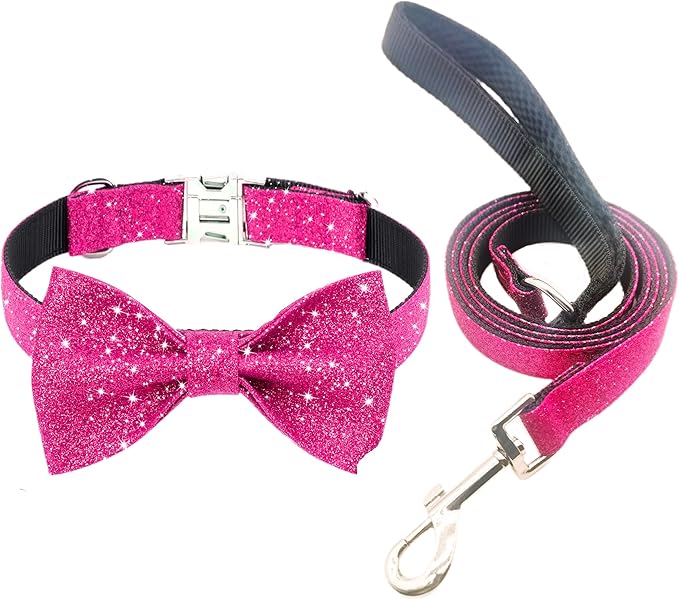Bling Bow Tie Dog Collar and Leash Set, Cute Pink Girl Dog Collar with 5ft Leash for Small Medium Dogs Daily Walking or Holiday Party (Hot Pink, Neck fit 11-16’’)