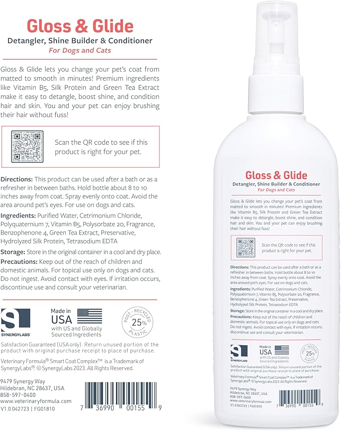 Veterinary Formula Smart Coat Complex Gloss & Glide Detangler, 8 Fl oz – Shine Builder, Conditioner Spray for Dogs – Quickly Detangles Matted Hair – with Silk Protein and Antioxidants