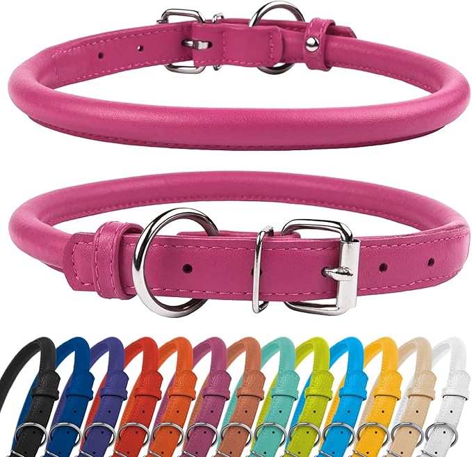 CollarDirect Rolled Leather Dog Collar, Soft Padded Round Puppy Collar, Handmade Genuine Leather Collar Dog Small Large Cat Collars 13 Colors (6-7 Inch, Pink Textured)